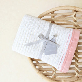 Luxury 100% Organic Satin Edged Baby Blanket - Medium (White & Pink)