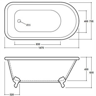 Luxury 1470mm Traditional Single Ended Bath