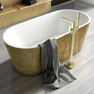 Luxury 1495x745 Gold Freestanding Bathtub with Brushed Brass Mixer Tap Set