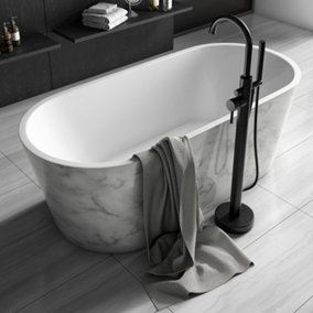 Luxury 1495x745 White Marble Freestanding Bathtub with Black Brass Mixer Tap Set