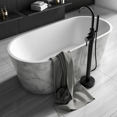 Luxury 1695x795 White Marble Freestanding Bathtub with Black Brass Mixer Tap Set