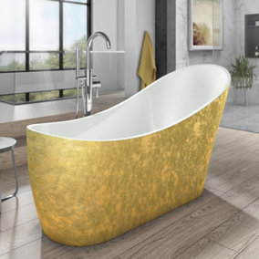 Luxury 1720x712 Gold Slipper Freestanding Bathtub with Polished Chrome Brass Mixer Tap Set