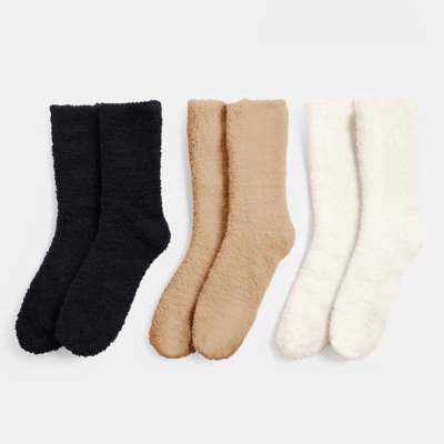Luxury 3 x Pairs of Fluffy Fleece Lounge Soft Ladies Socks, Beige