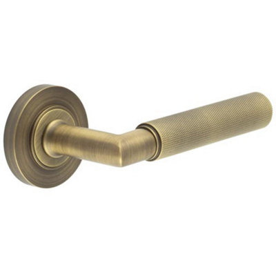 Luxury Antique Brass Door Handle on Plain Rose with Knurled Detailing - Solid Brass Interior Handle