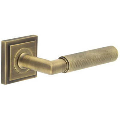 Luxury Antique Brass Door Handle on Stepped Square Rose - Solid Brass Interior Handle