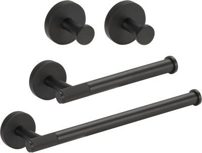 Luxury Bathroom Accessories Set, Toilet Roll Holder, Towel Ring & Hooks in Elegant Matt Black Finish, Premium Brass