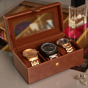 Luxury Butler Brown 3 Section Watch Storage Box, Unisex Watch Gift Box, Watch Travel Case