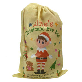 Luxury Christmas Santa Printed Jute Sack With Hang Tag Elfies Christmas Eve Bag MEDIUM 28.5 x 43.5cm AS-22340