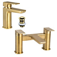 Luxury Curve Brushed Brass Basin & Bath Filler Bathroom Tap Pack