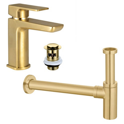 Luxury Curve Brushed Brass Basin Tap & Minimalist Round Bottle Trap