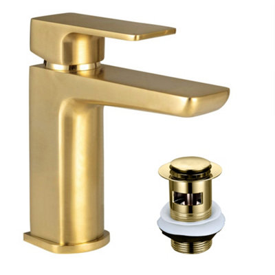 Luxury Curve Brushed Brass Basin Tap & Minimalist Round Bottle Trap