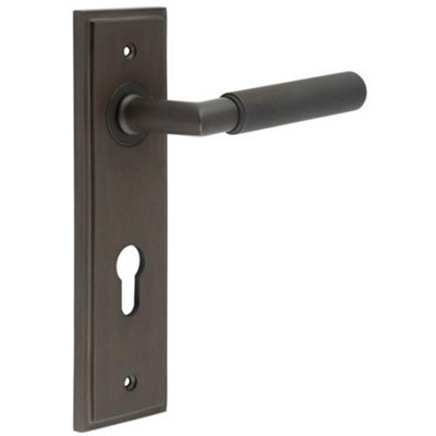 Luxury Dark Bronze Euro Backplate Door Handle with Knurled Detail - Solid Brass Interior Handle