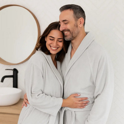 Luxury Dual Textured Velour Dressing Gown, Towelling Bathrobe - Silver, S/M