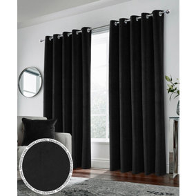 Luxury Enhanced Living Black Velvet, Supersoft, 100% Blackout, Thermal Pair of Curtains with Eyelet Top - 46 x 54 inch (117x137cm)