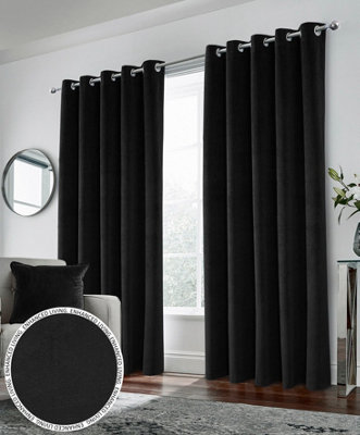 Luxury Enhanced Living Black Velvet, Supersoft, 100% Blackout, Thermal Pair of Curtains with Eyelet Top - 46 x 72 inch (117x183cm)