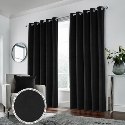 Luxury Enhanced Living Black Velvet, Supersoft, 100% Blackout, Thermal Pair of Curtains with Eyelet Top - 46 x 72 inch (117x183cm)