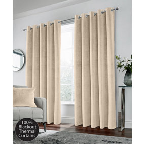 Luxury Enhanced Living Cream Velvet, Supersoft, 100% Blackout, Thermal Pair of Curtains with Eyelet Top - 90 x 54 inch (229x137cm)