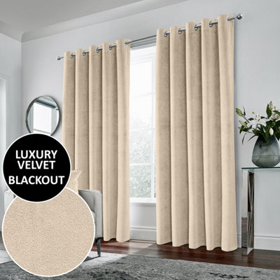 Luxury Enhanced Living Cream Velvet, Supersoft, 100% Blackout, Thermal Pair of Curtains with Eyelet Top - 90 x 72 inch (229x183cm)