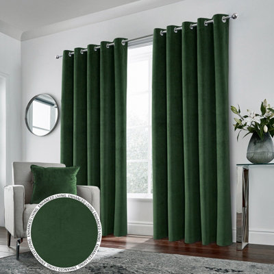 Luxury Enhanced Living Green Velvet, Supersoft, 100% Blackout, Thermal Pair of Curtains with Eyelet Top - 46 x 72 inch (117x183cm)