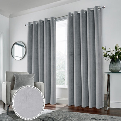 Luxury Enhanced Living Grey Velvet, Supersoft, 100% Blackout, Thermal Pair of Curtains with Eyelet Top - 46 x 72 inch (117x183cm)