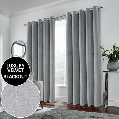 Luxury Enhanced Living Grey Velvet, Supersoft, 100% Blackout, Thermal Pair of Curtains with Eyelet Top - 90 x 72 inch (229x183cm)