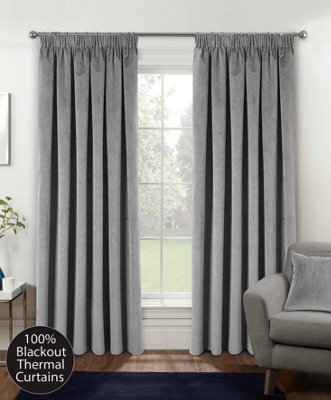 Luxury Enhanced Living Grey Velvet, Supersoft, 100% Blackout, Thermal Pair of Curtains with Tape Top - 66 x 54 inch (168x137cm)