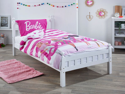 Luxury Girls White Wooden Single Bed with Barbie Stripes Single Bedding Set Kids Bedroom Furniture