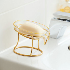 Luxury Gold Soap Dish - Stain Resistant Soap Holder with Metal Frame & Plastic Dish for Bathroom, Baths, Showers, Kitchen Sink