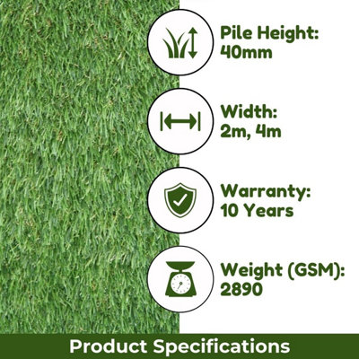 Luxury Green 40mm Super Soft Outdoor Artificial Grass, Perfect Grass For Kids & Pets-13m(42'7") X 2m(6'6")-26m²