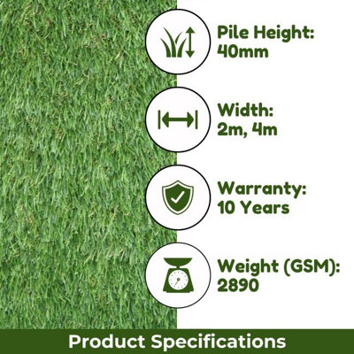 Luxury Green 40mm Super Soft Outdoor Artificial Grass, Perfect Grass For Kids & Pets-16m(52'5") X 4m(13'1")-64m²