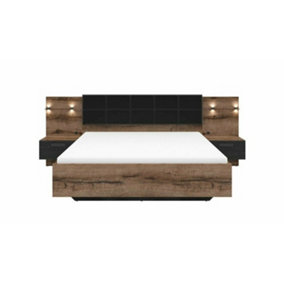 Luxury King Size Bed Euro Frame Padded Headboard LED Light USB Chargers Bedside Cabinets Oak Black Kassel