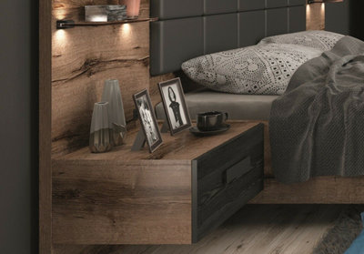 Luxury King Size Bed Euro Frame Padded Headboard LED Light USB Chargers Bedside Cabinets Oak Black