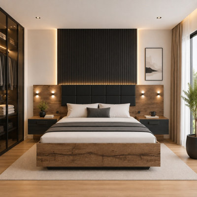 Luxury King Size Bed Frame Padded Headboard LED Light USB USBC Chargers Bedside Cabinets Oak Black Euro Kassel
