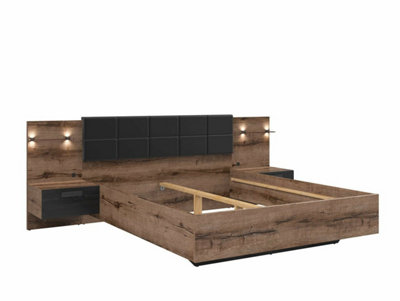 Luxury King Size Bedroom Furniture Set with Sliding Wardrobe USB Charger LED Light Bed Frame Bedside Oak Black Kassel