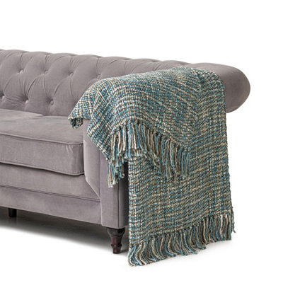 Luxury Large Acrylic Throw With Trim 139cm x 213cm Blue/Multi
