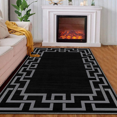 Luxury Large Black Area Rugs Non Slip Traditional Greek Key Living Room Bedroom Carpets