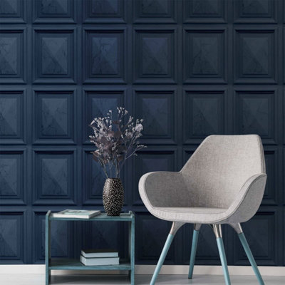 Luxury Marble Wood Panel Effect Navy Blue Sheen Vinyl Wallpaper