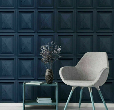 Luxury Marble Wood Panel Effect Navy Blue Sheen Vinyl Wallpaper