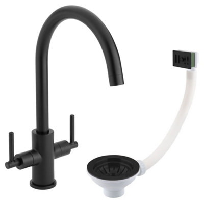 Luxury Matt Black Dual Lever Kitchen Sink Mixer Tap with Matching Basket Strainer Waste & Square Overflow