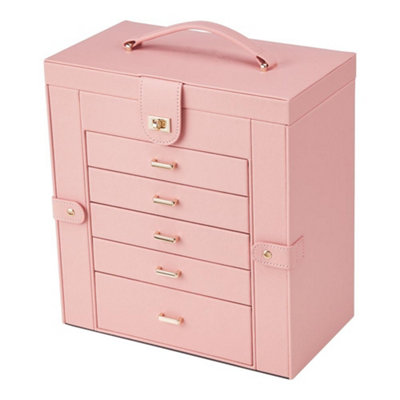 Luxury Pink PU Leather Jewellery Box with Mirror, 5 Drawers, and 2 Side Doors