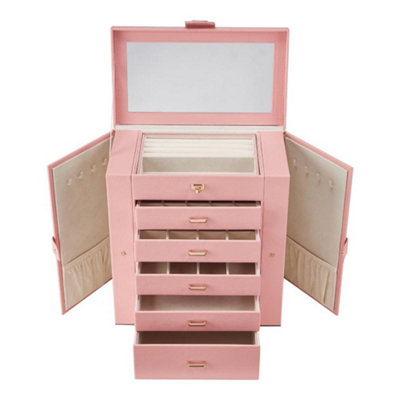Luxury Pink PU Leather Jewellery Box with Mirror, 5 Drawers, and 2 Side ...