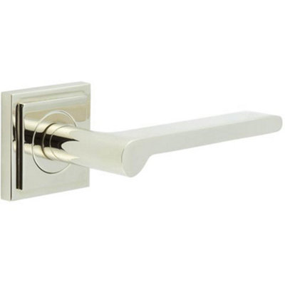 Luxury Polished Nickel Door Handle with Square Stepped Rose - Solid Brass Interior Handle