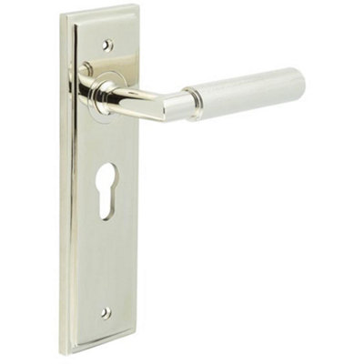 Luxury Polished Nickel Euro Backplate Door Handle with Knurled Detail - Solid Brass Interior Handle