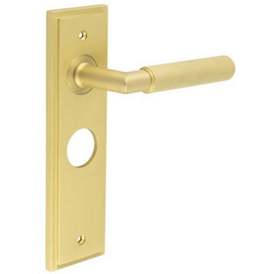 Luxury Satin Brass Bathroom Door Handle with Backplate - Solid Brass Interior Handle