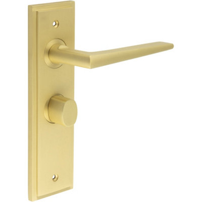 Luxury Satin Brass Bathroom Door Handle with Backplate & Turn Release - Interior Handle