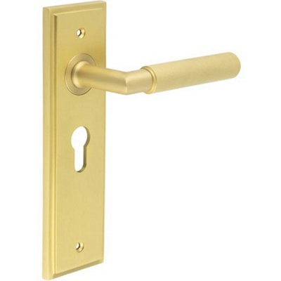 Luxury Satin Brass Euro Door Handle with Backplate - Solid Brass Interior Handle