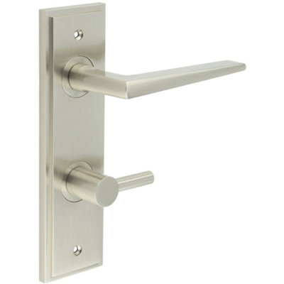 Luxury Satin Nickel Bathroom Door Handle with Backplate & Turn Release - Solid Brass Interior Handle