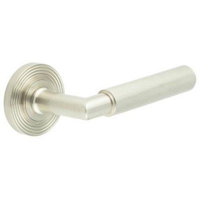 Luxury Satin Nickel Door Handle with Reeded Rose Design - Solid Brass Interior Handle