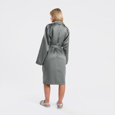 Luxury Satin Robe Womens Dressing Gown Ladies Soft Nightwear, Charcoal -  L/XL