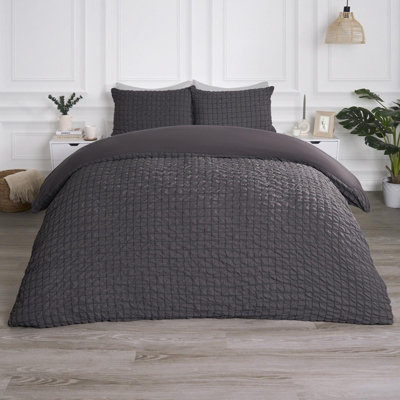 Luxury Seersucker Duvet Cover Set Geo Pillowcase Quilt, Charcoal - Single